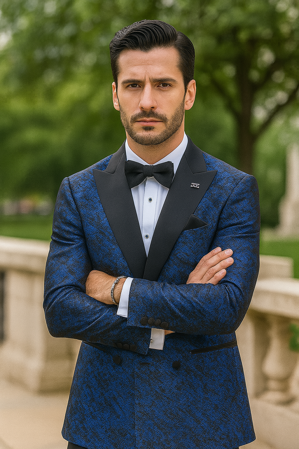 Blue Double Breasted Pattern Satin Jacket