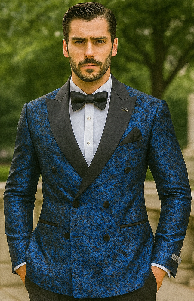 Blue Double Breasted Pattern Satin Jacket
