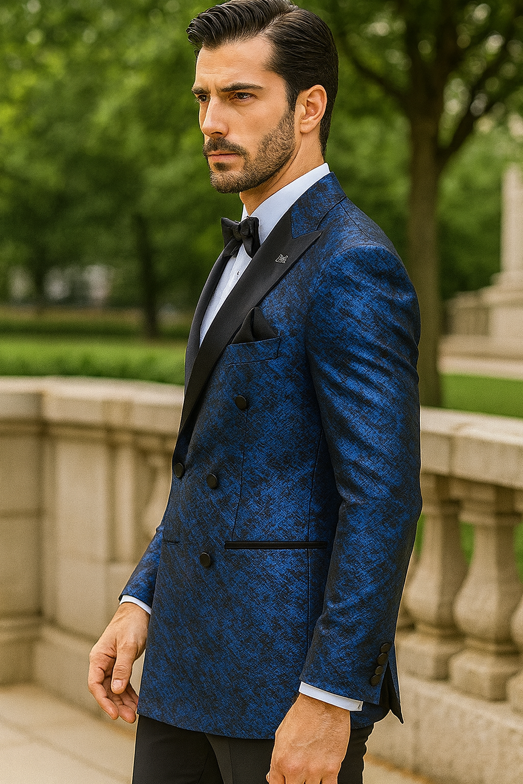 Blue Double Breasted Pattern Satin Jacket