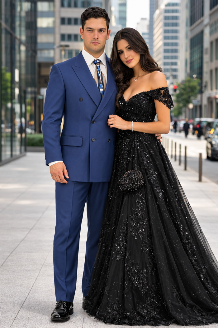Blue Double Breasted Suit with Elastic Waist