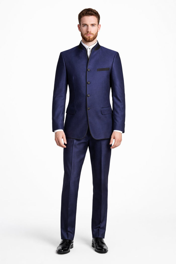 Wedding Groom Suit - Prom Tuxedo Suit - No Collar Weddig Tuxedo - Blue
