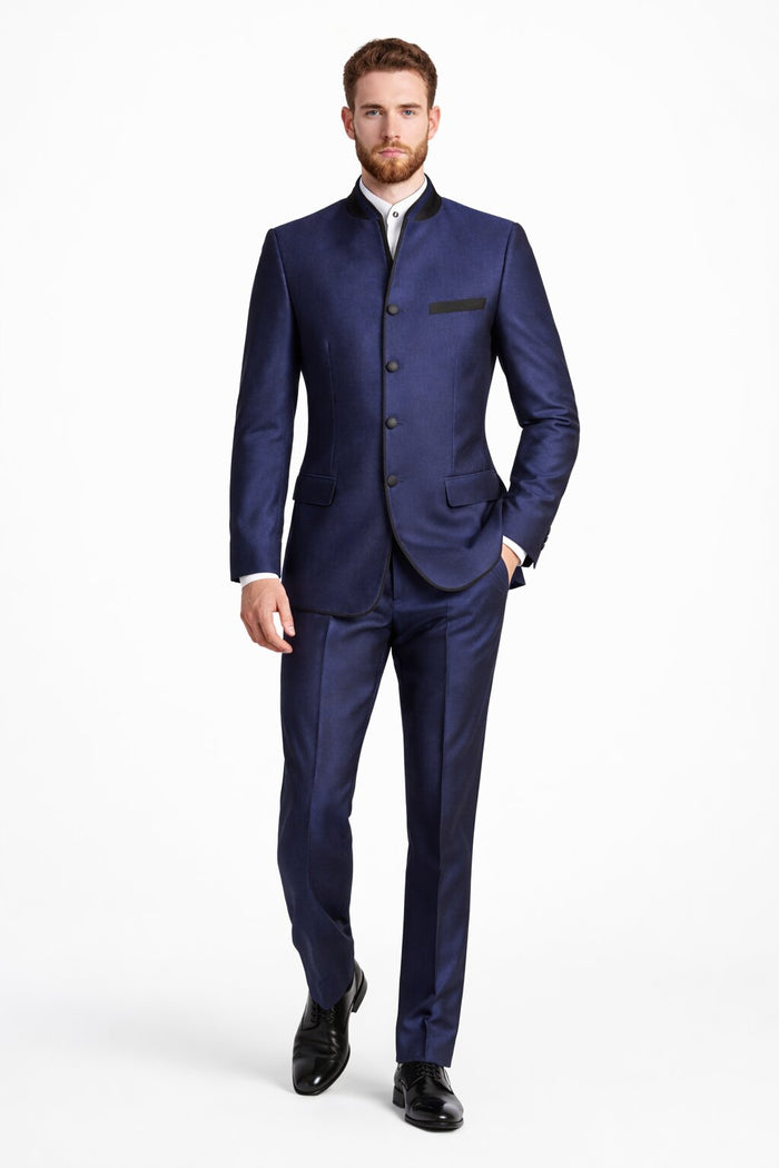 Wedding Groom Suit - Prom Tuxedo Suit - No Collar Weddig Tuxedo - Blue