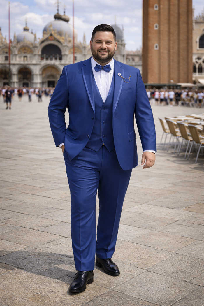 Blue Trimmed Lapel Slim Fit Suit - 3 Piece
