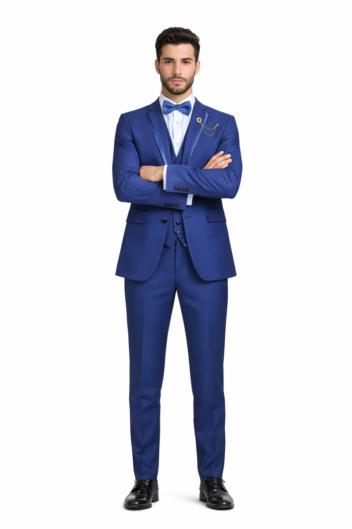 Blue Trimmed Lapel Slim Fit Suit - 3 Piece