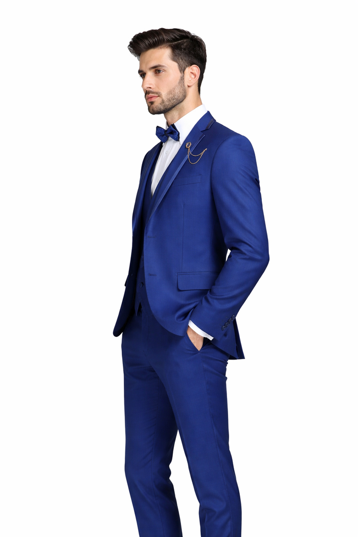 Blue Trimmed Lapel Slim Fit Suit - 3 Piece