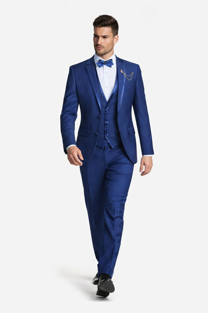 Blue Trimmed Lapel Slim Fit Suit - 3 Piece