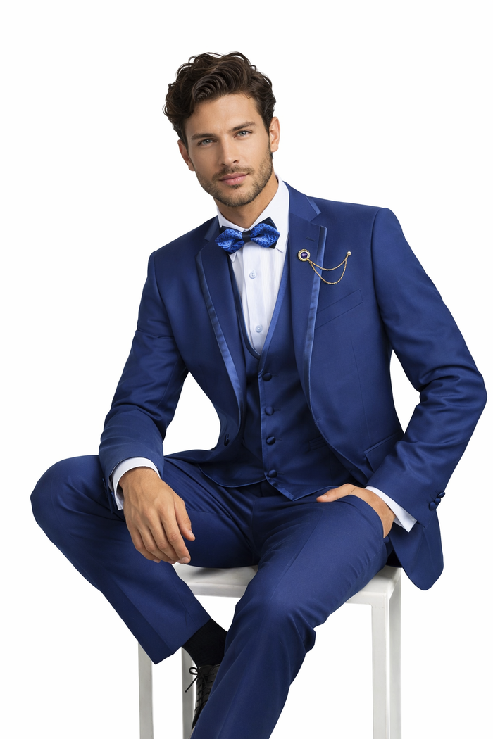 Blue Trimmed Lapel Slim Fit Suit - 3 Piece