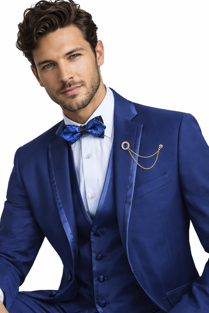 Blue Trimmed Lapel Slim Fit Suit - 3 Piece