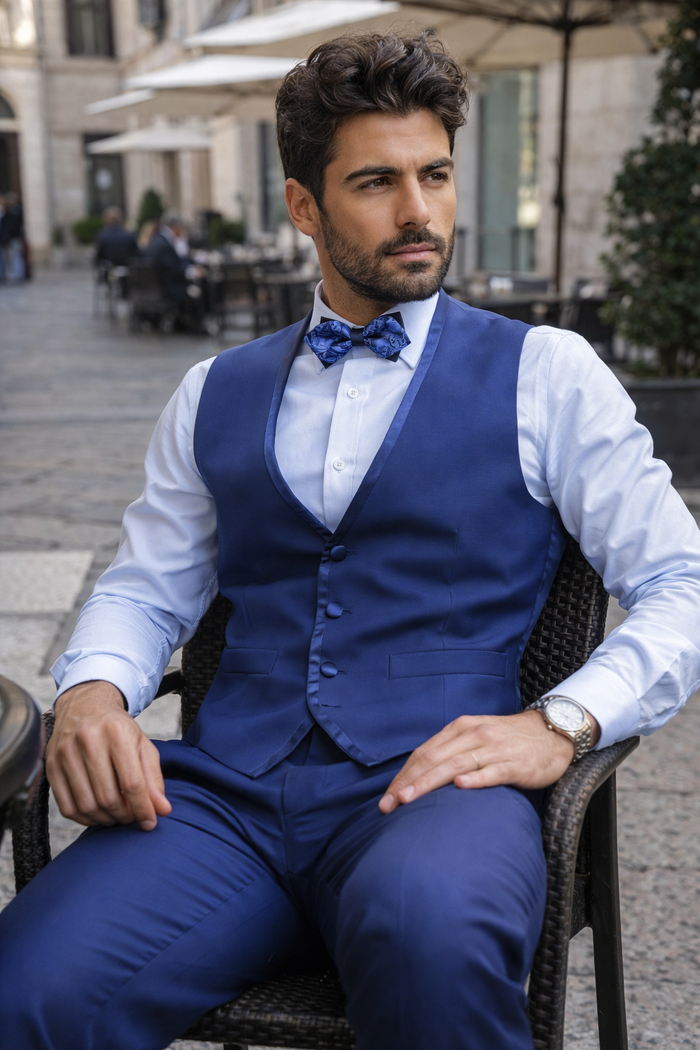 Blue Trimmed Lapel Slim Fit Suit - 3 Piece