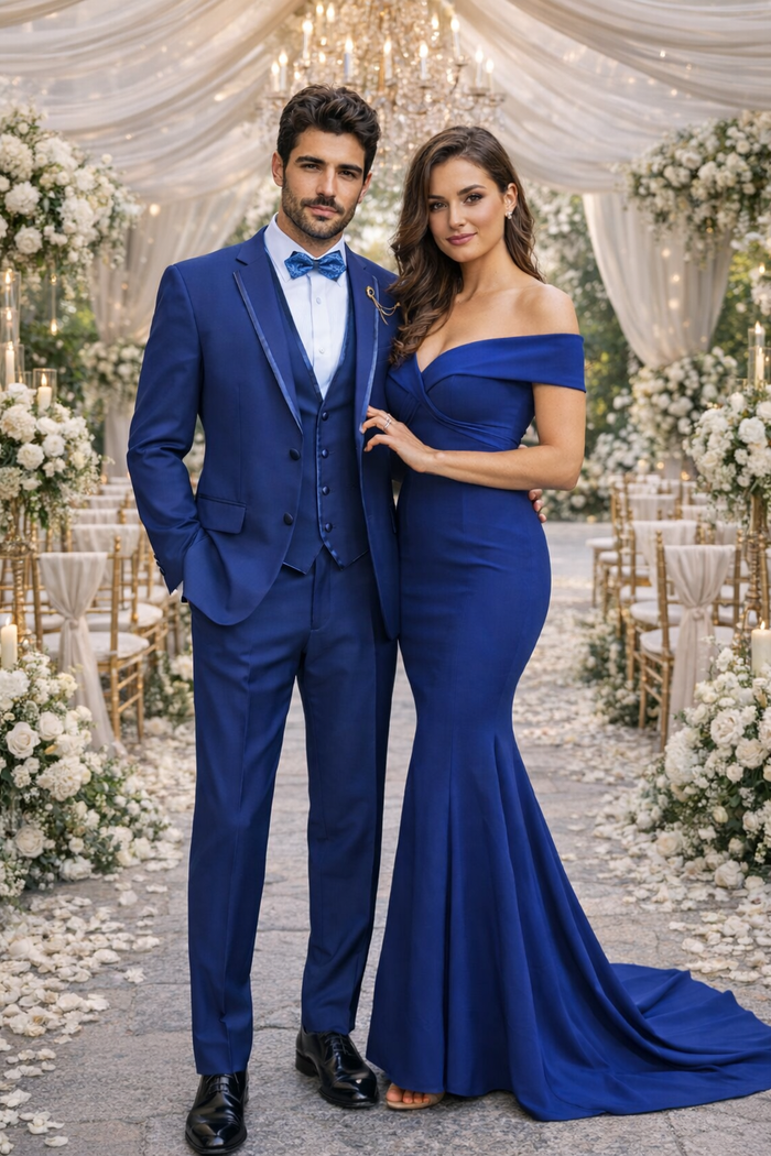 Blue Trimmed Lapel Slim Fit Suit - 3 Piece