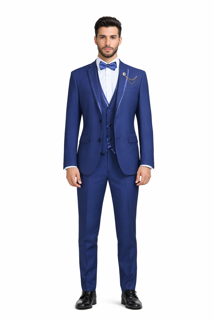 Blue Trimmed Lapel Slim Fit Suit - 3 Piece