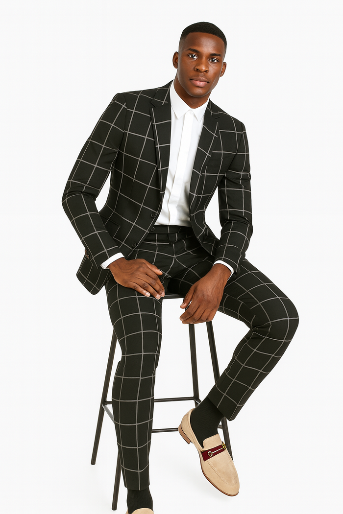 Bold Gangster Plaid Suit - 1920s Mens Fashion Window Pane Suit - Black