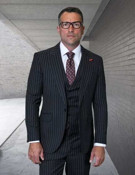 Statement Mens Outlet 100% Wool Pinstripe 3 Piece Suit - Peak Lapel