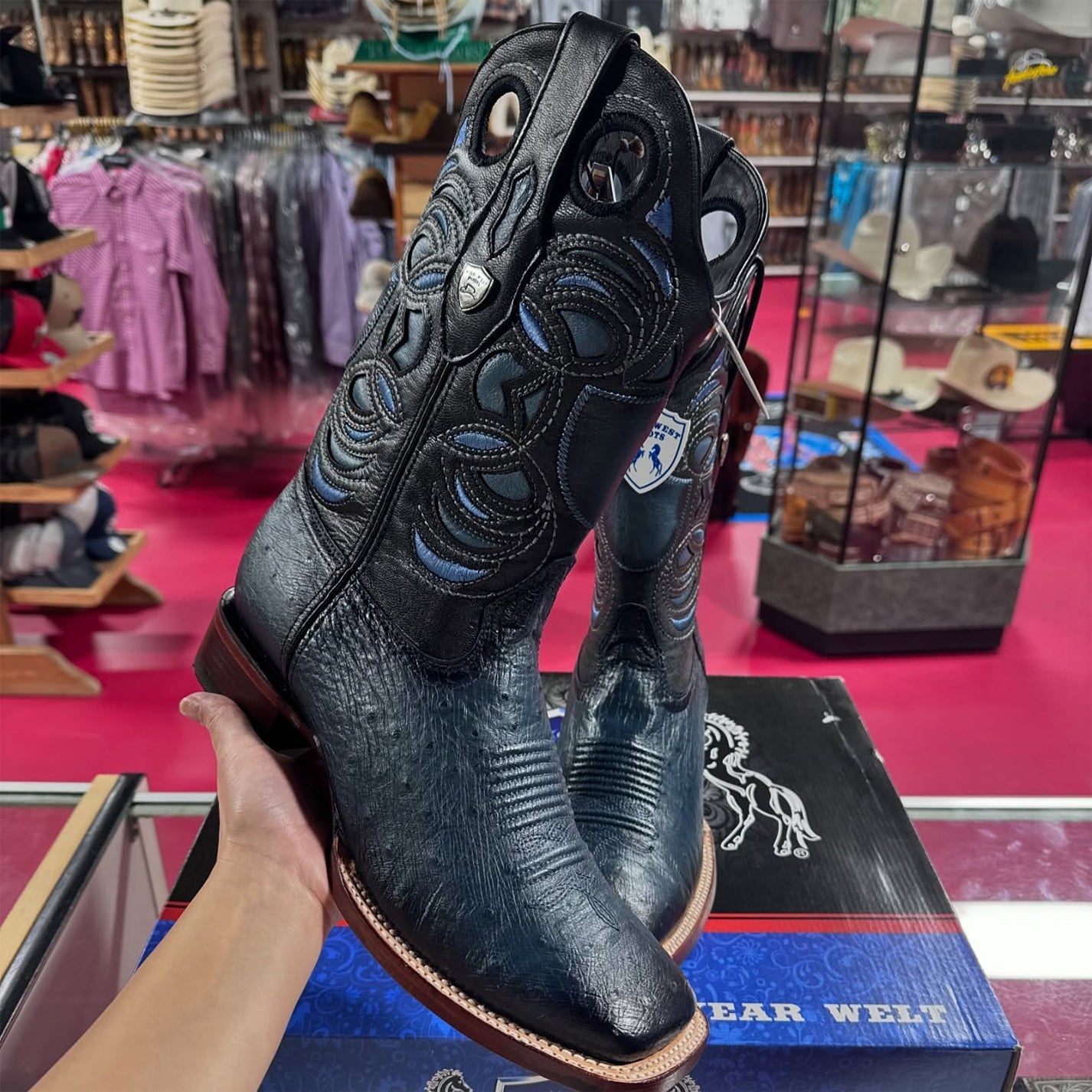 Blue Ostrich Belly Ranch Toe Boots