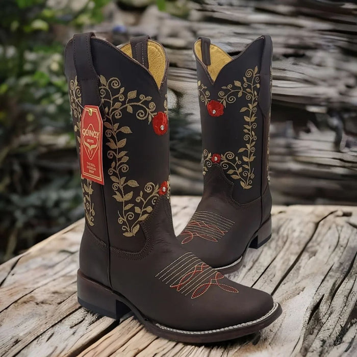 Botas Altas de Cuero con Flores Rodeo Mujer