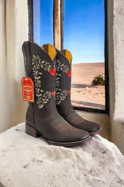 Botas Altas de Cuero con Flores Rodeo Mujer