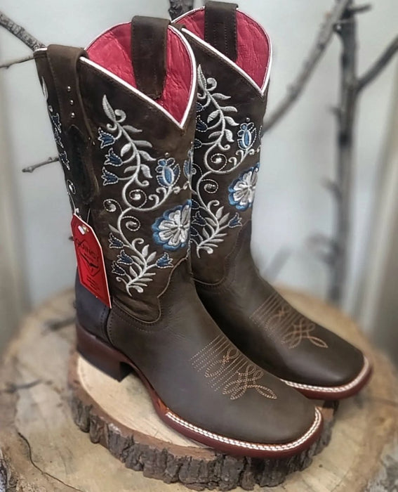 Botas Altas de Cuero con Flores Horma Rodeo Mujer