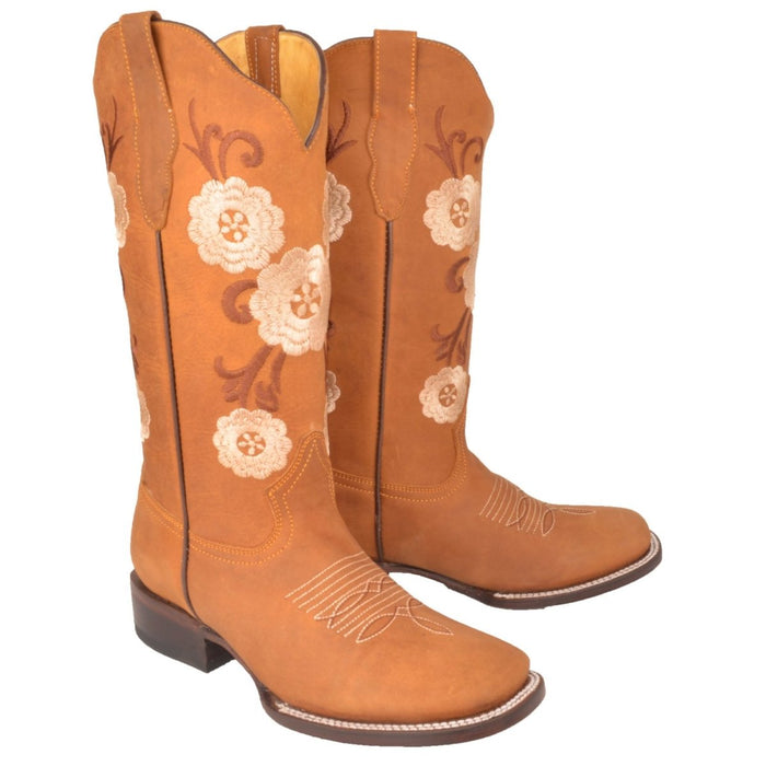 Botas Altas de Cuero con Flores Horma Rodeo Mujer
