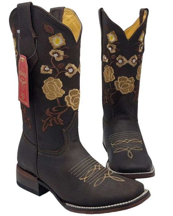 Botas Altas Cuero Flores Mujer Horma Rodeo