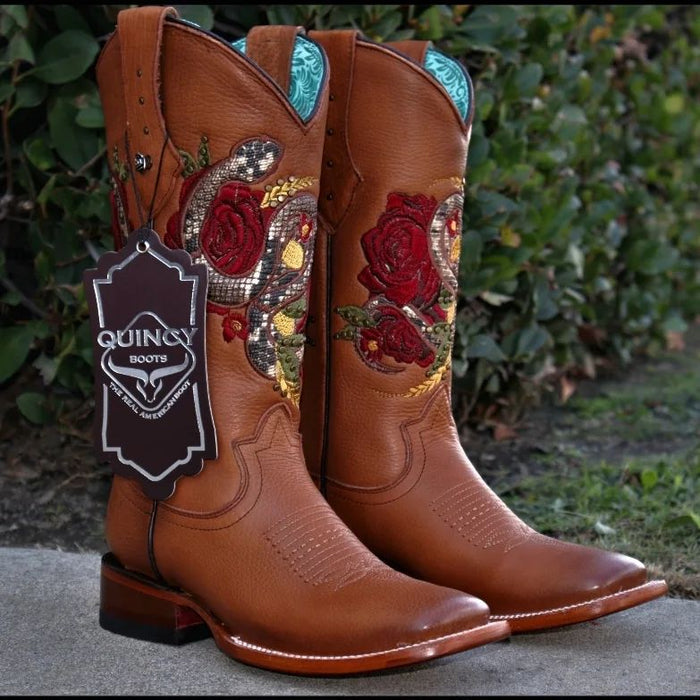 Botas Altas de Cuero con Flores en Horma Rodeo Mujer