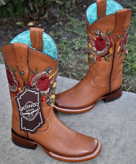 Botas Altas de Cuero con Flores en Horma Rodeo Mujer
