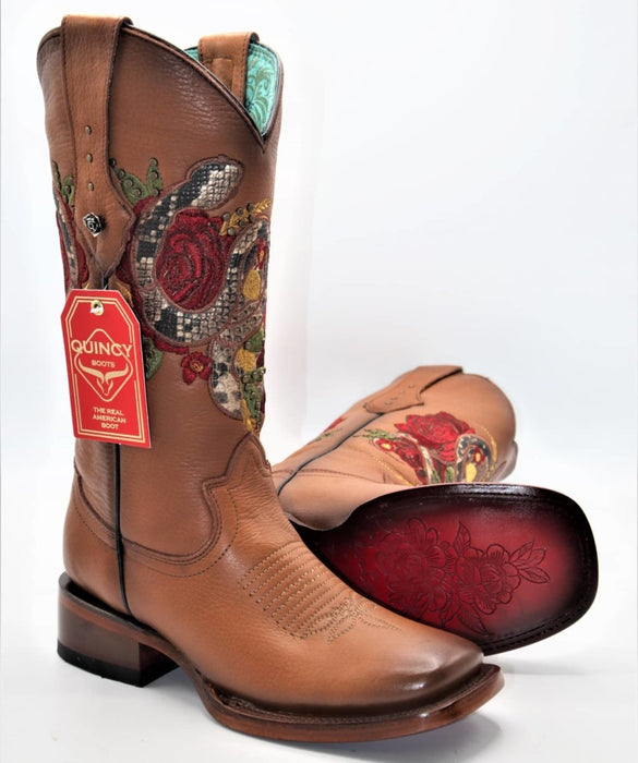 Botas Altas de Cuero con Flores en Horma Rodeo Mujer