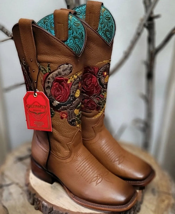 Botas Altas de Cuero con Flores en Horma Rodeo Mujer