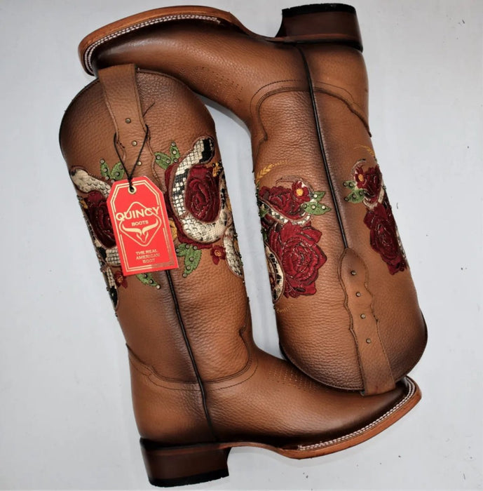 Botas Altas de Cuero con Flores en Horma Rodeo Mujer