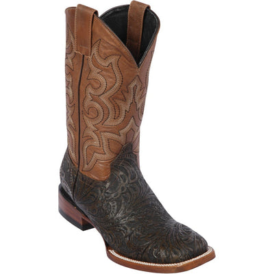 Botas de Cuero Cincelada Horma Rodeo Cuadrada Café