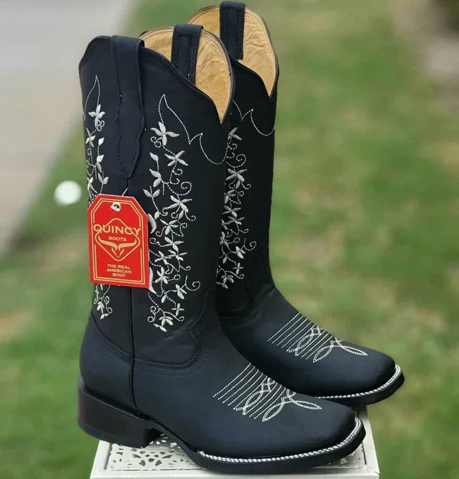 Botas de Cuero con Flores Horma Rodeo Mujer