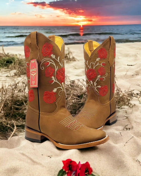 Botas de Cuero con Flores para Mujer Rodeo