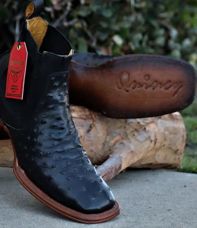 Botines de Avestruz Grabado Punta Cuadrada Negro