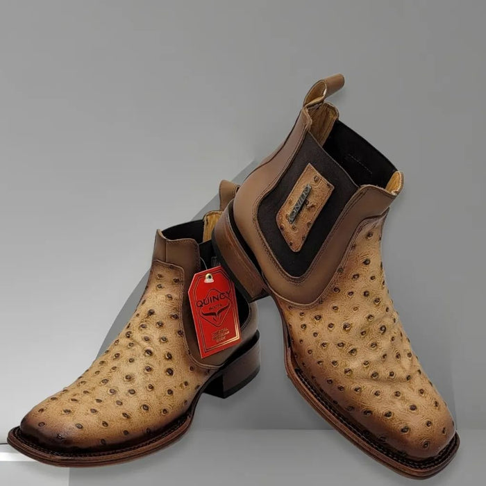 Botin de Avestruz Grabado con Punta Cuadrada