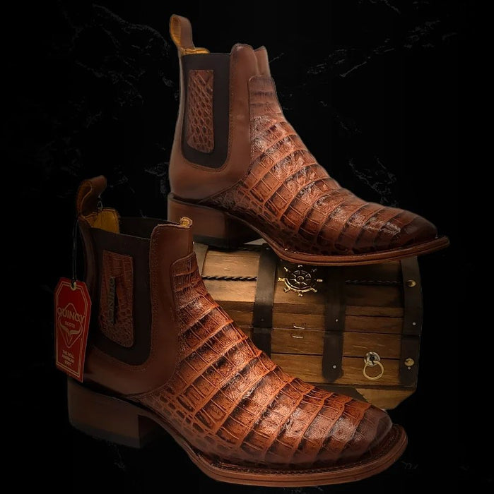 Botin de Cocodrilo Grabado Nuca Punta Cuadrada Cognac