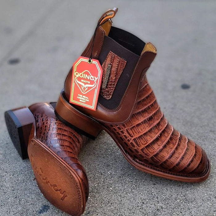 Botin de Cocodrilo Grabado Nuca Punta Cuadrada Cognac
