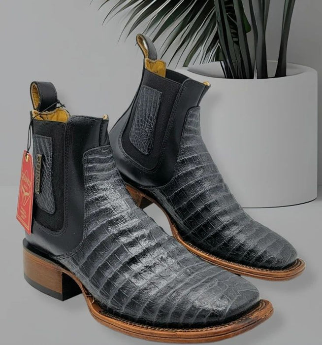 Botin de Cocodrilo Grabado Nuca Gris Punta Cuadrada