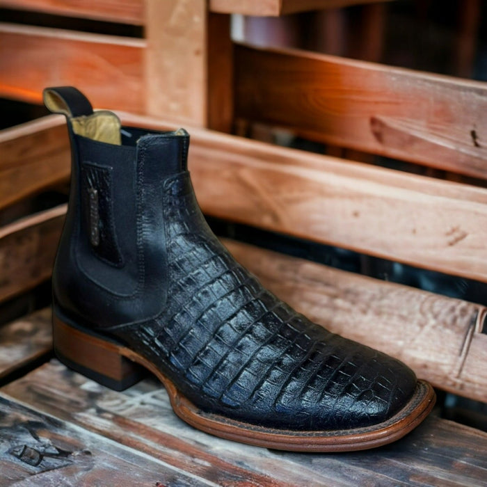 Botin de Cocodrilo Grabado Nuca Punta Cuadrada Negro