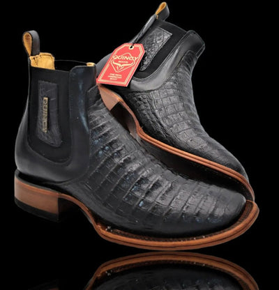 Botin de Cocodrilo Grabado Nuca Punta Cuadrada Negro