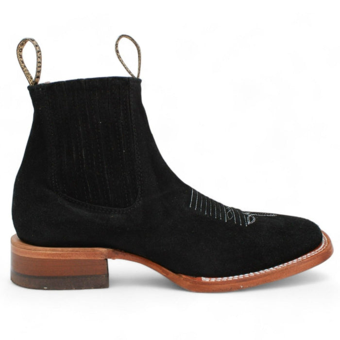 Botines Charros Gamuza Punta Cuadrada Negro