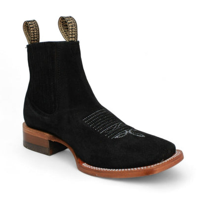 Botines Charros Gamuza Punta Cuadrada Negro