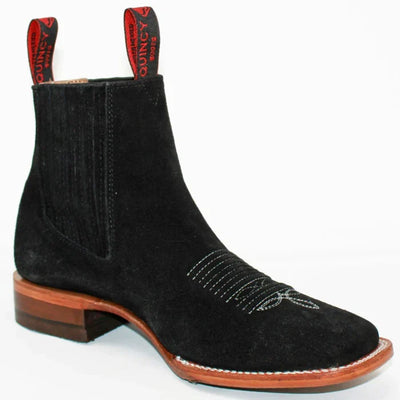 Botines Charros Gamuza Punta Cuadrada Negro Joven