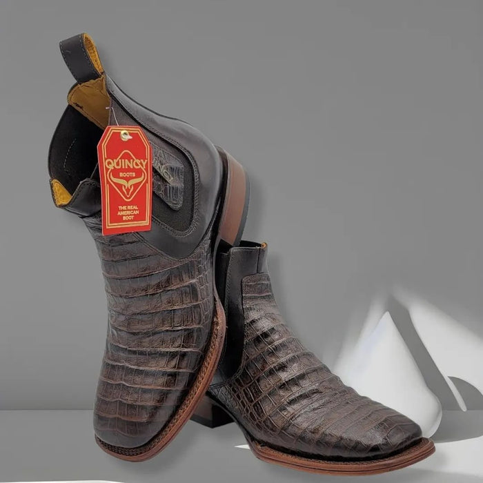 Botines Cocodrilo Grabado Punta Cuadrada Chocolate