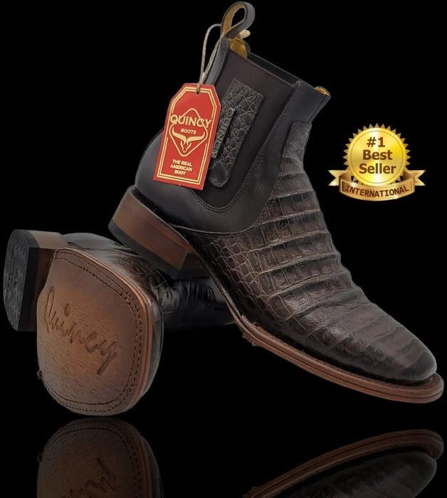 Botines Cocodrilo Grabado Punta Cuadrada Chocolate