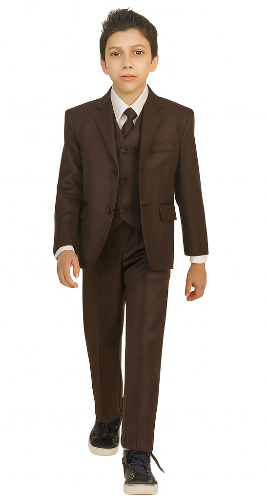 Boy's Brown 2 button closure Five Piece Suit With Vest,Shirt And Tie
