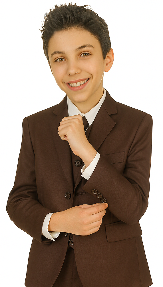 Boy's Brown 2 button closure Five Piece Suit With Vest,Shirt And Tie