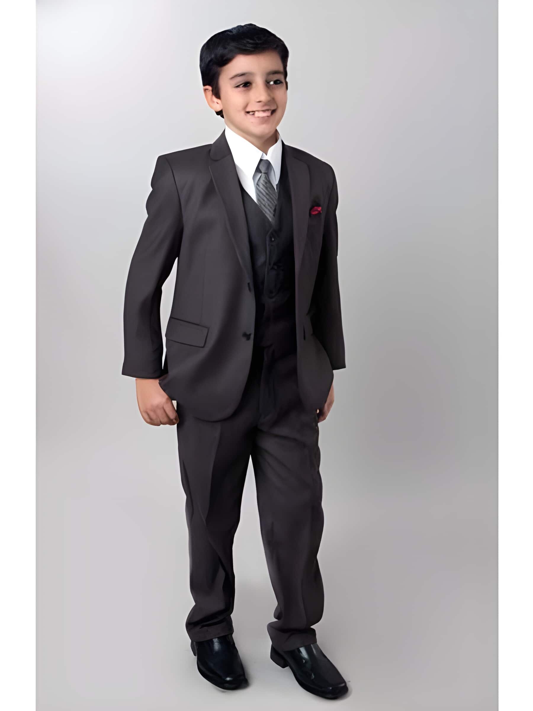 Boy's Dark Slate 5 Piece Notch Collared  Suit With Tone On Tone Pinstripe Toddler Suits for Weddings