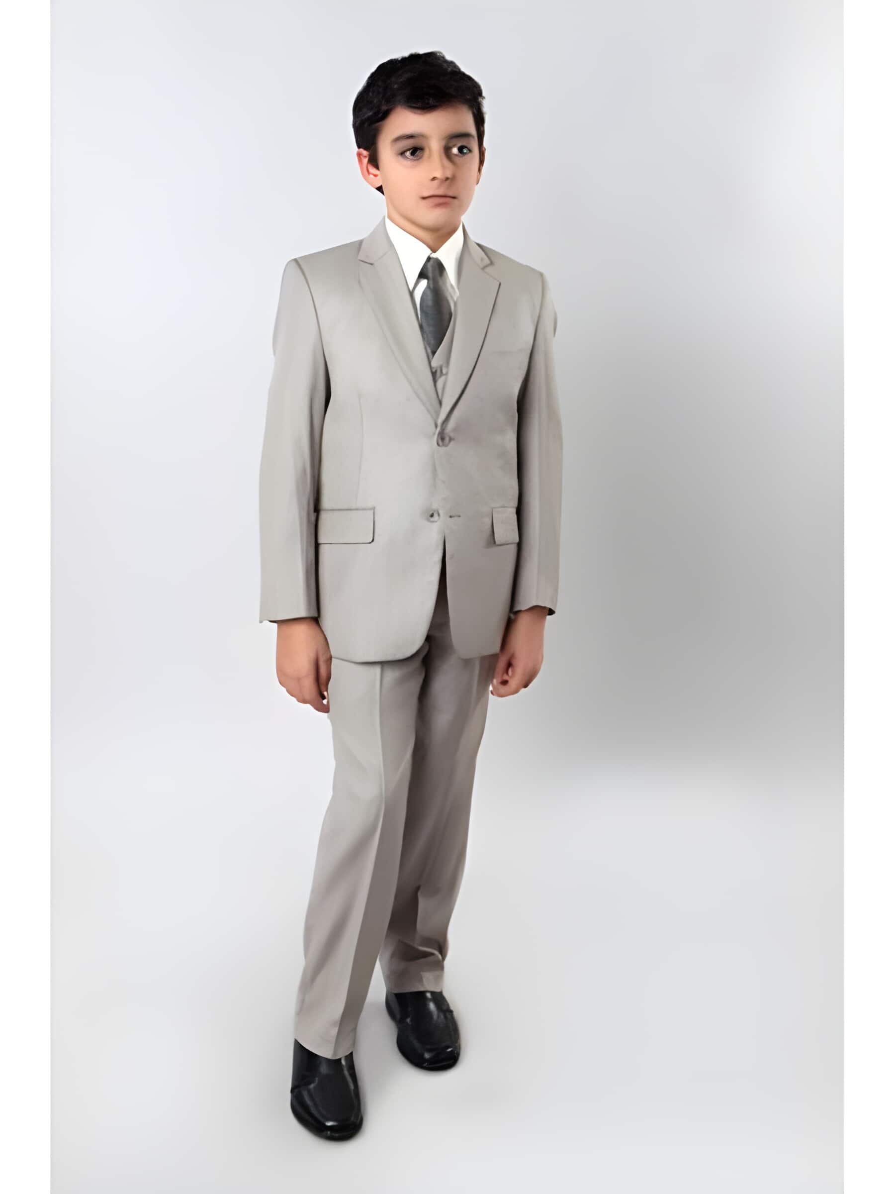Boy's Notch Collared 5 Piece Dark Tan Toddler Suits for Weddings With Tone On Tone Pinstripe