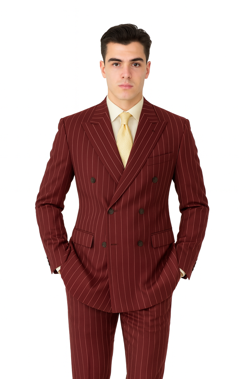 Brand New Wine Pinstripe Double Breasted Suits Super 120s Acrylic/Rayon Developed