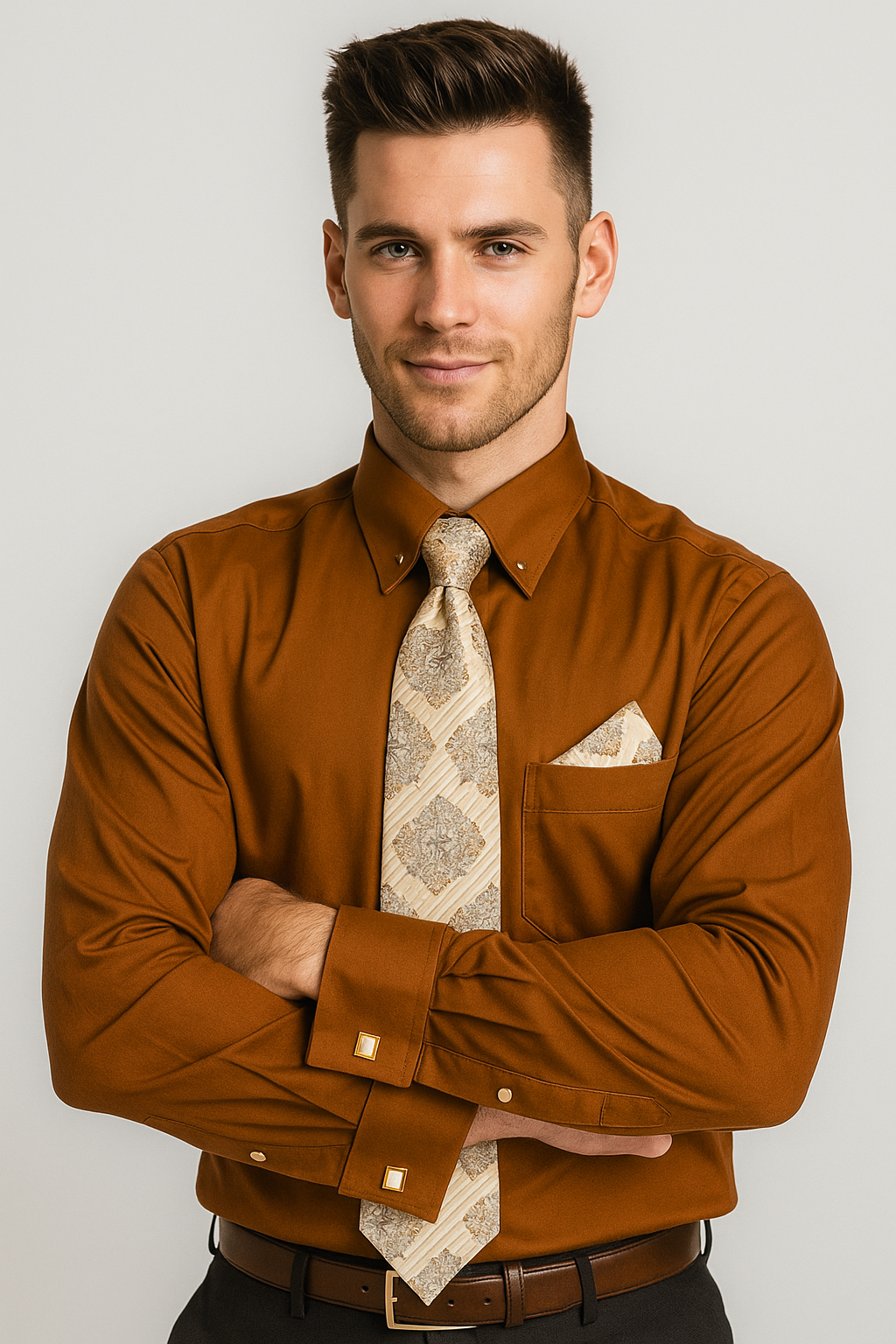Brown Pin Collar Dress Shirt With Collar Bar