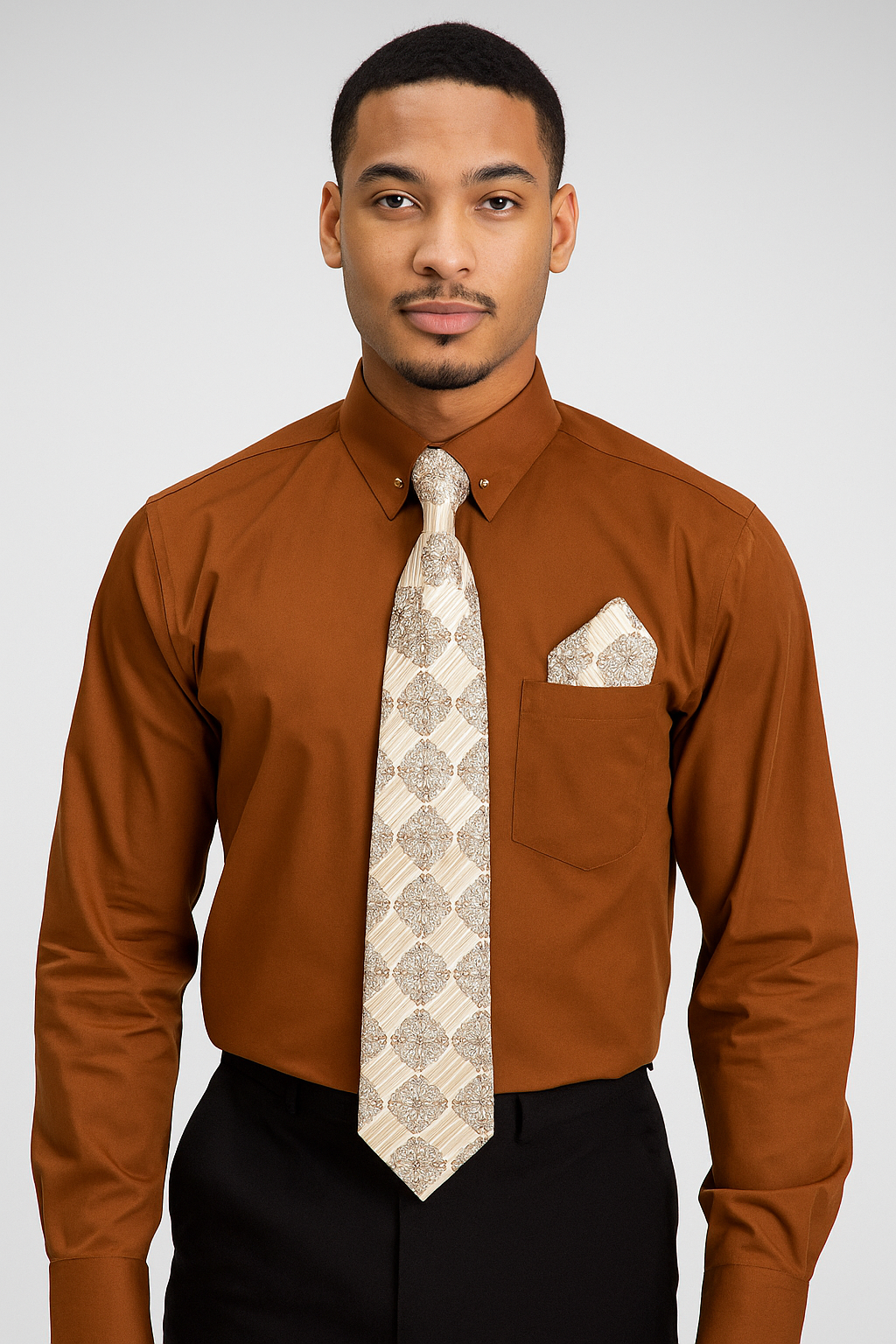 Brown Pin Collar Dress Shirt With Collar Bar